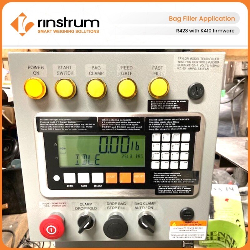 Rinstrum Bag Filler Application with K410 Batching Firmware on an R423 ABS Indicator