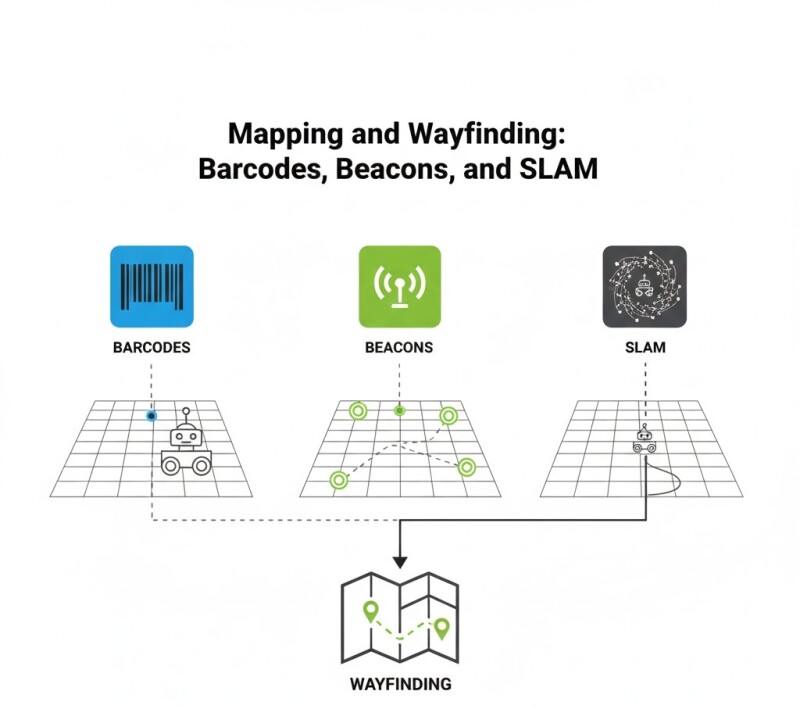 Mapping and Wayfinding: Barcodes, Beacons, and SLAM